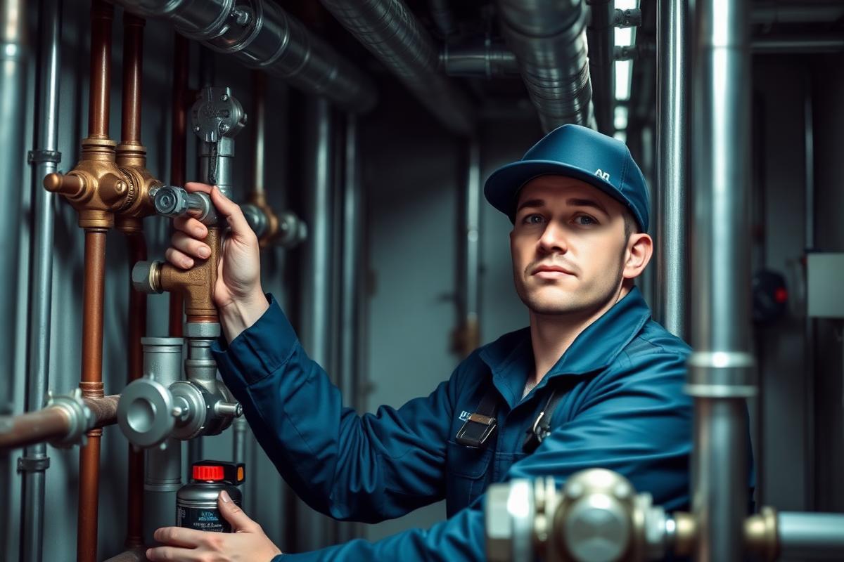 Plumber servicing pipework in a commercial mechanical room