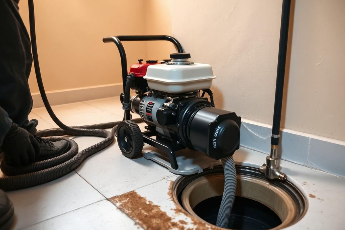 Drain cleaning equipment set up at a floor drain