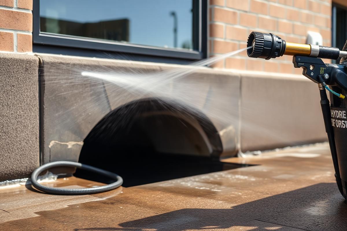 High-pressure hydro jetting nozzle and hose cleaning a sewer line at an exterior cleanout