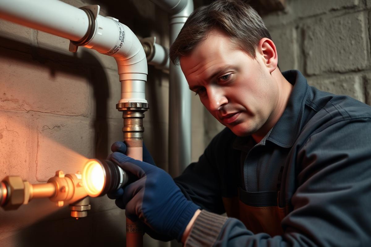 Plumber repairing a leaking pipe in a Brampton basement