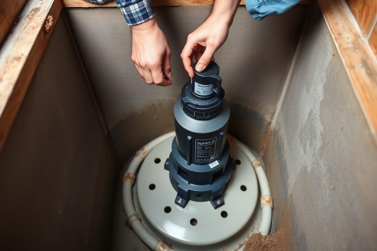 Sump pump installed in a residential basement pit with the float switch being adjusted