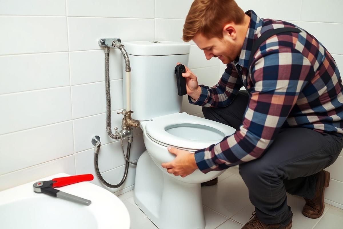 Plumber servicing a toilet tank and fill valve in a clean bathroom